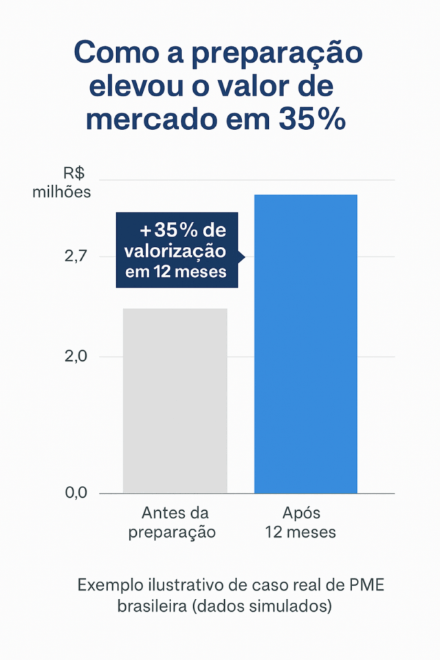 Gráfico de barras mostrando o impacto da preparação na avaliação de uma PME. A barra cinza representa o valor do mercado antes da preparação (R$ 2,0 milhões) e a barra azul representa o valor após 12 meses (R$ 2,7 milhões), evidenciando um aumento de 35% no período.