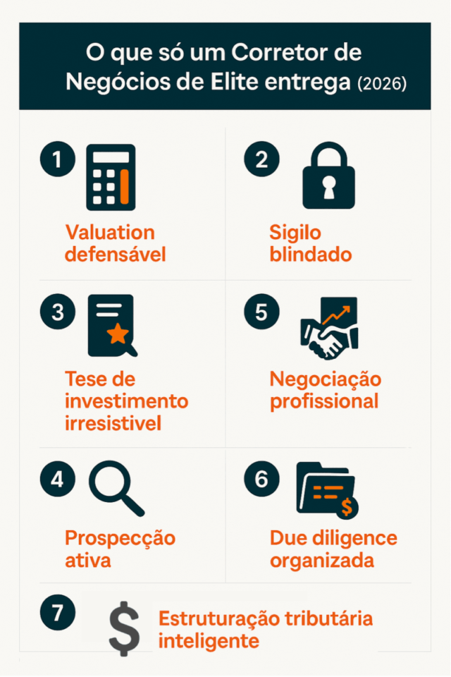 “Checklist visual com as 7 funções que um corretor de negócios de elite entrega: valuation defensável, sigilo blindado, tese de investimento irresistível, prospecção ativa, negociação profissional, due diligence organizada e estruturação tributária inteligente.”