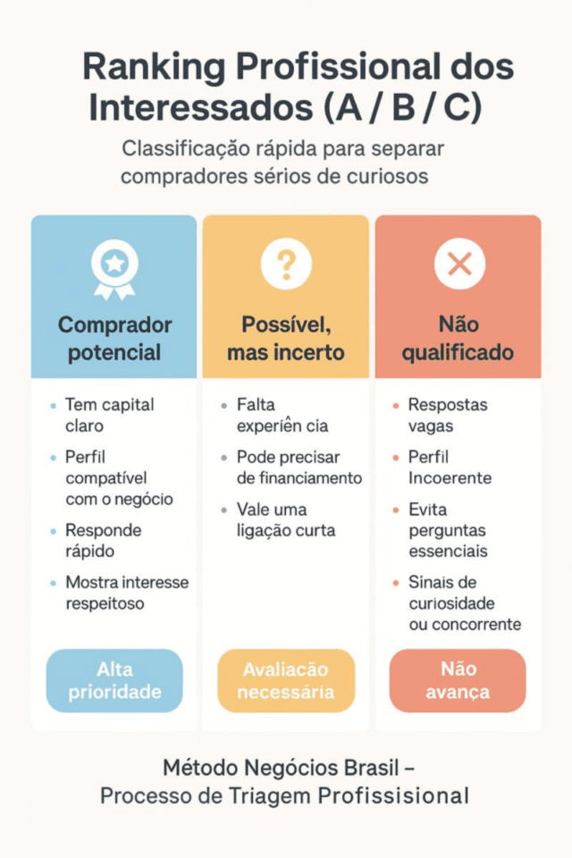 “Infográfico mostrando o Ranking Profissional dos Interessados na compra de empresa, dividido nas categorias A (comprador potencial), B (possível, mas incerto) e C (não qualificado), com critérios de triagem como capital disponível, compatibilidade com o negócio, rapidez na resposta, experiência e sinais de alerta.”