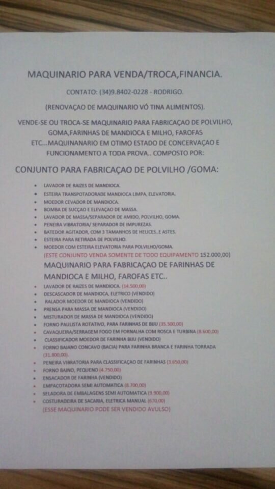 Fabrica de polvilho e farinhas a venda