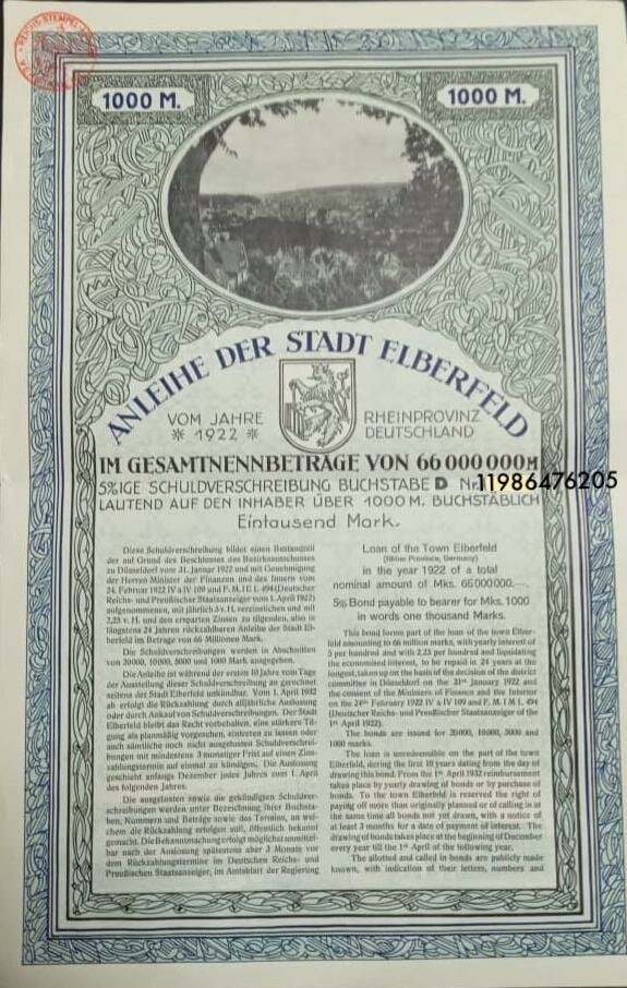 Anleihe Der Stadt Elberfeld 1922  –  Bônus Alemão Azul 1922