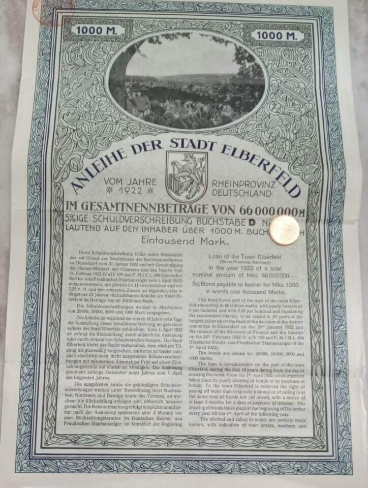 Anleihe Der Stadt Elberfeld 1922 – Bônus Alemão Azul 1922