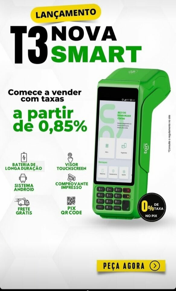 Maquininha de cartão Ton T3 smart com 2 baterias/Qrcode e touch-screen