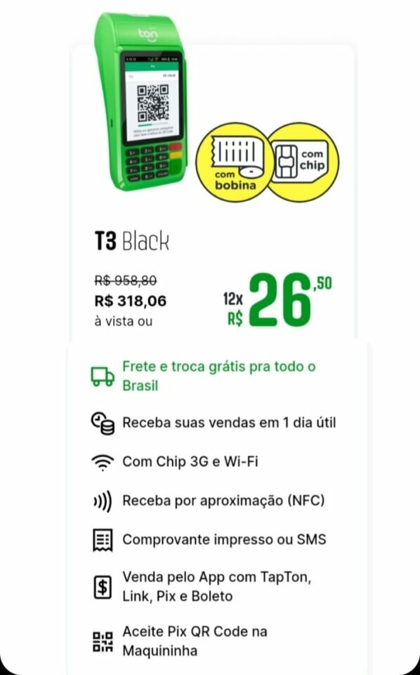 Maquininha de cartão Ton 0,79no débito e crédito sem mensalidade