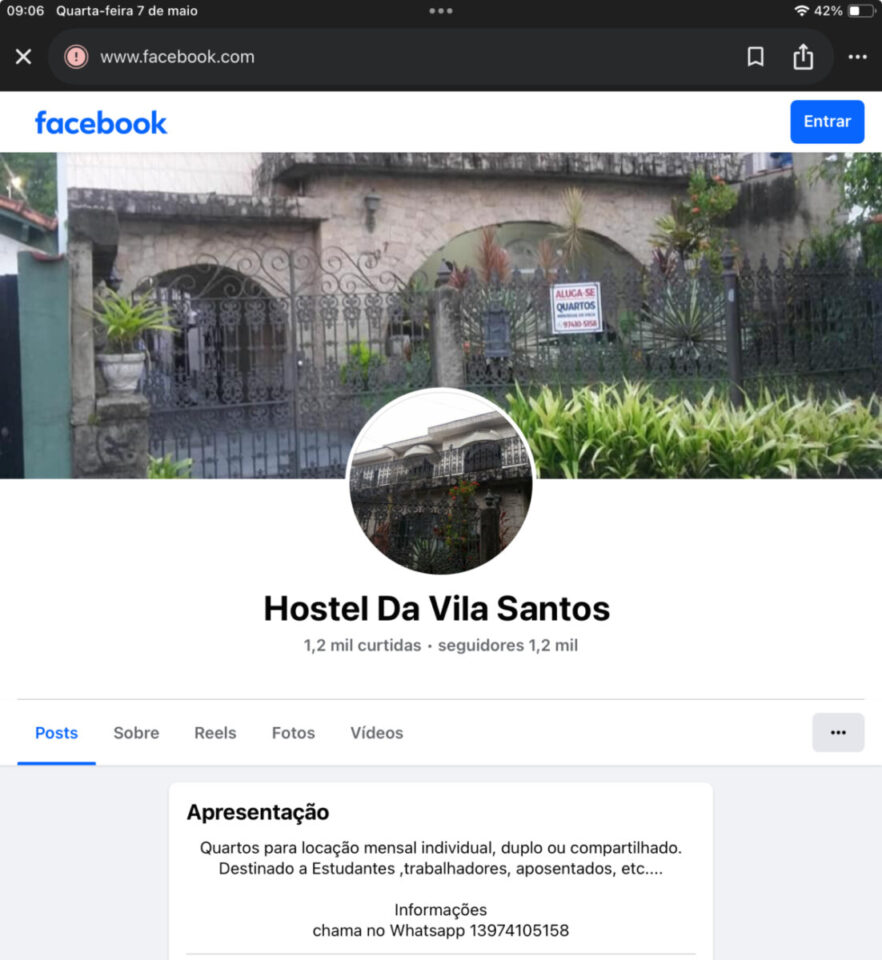 Passo ponto de Hostel em Santos