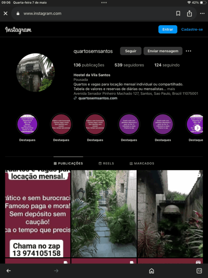 Passo ponto de Hostel em Santos