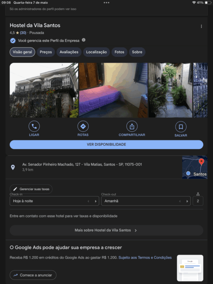 Passo ponto de Hostel em Santos