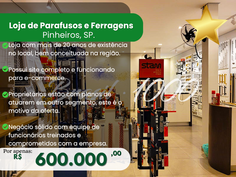 Loja de Parafusos e Ferragens em Pinheiros, SP  Cod 111957