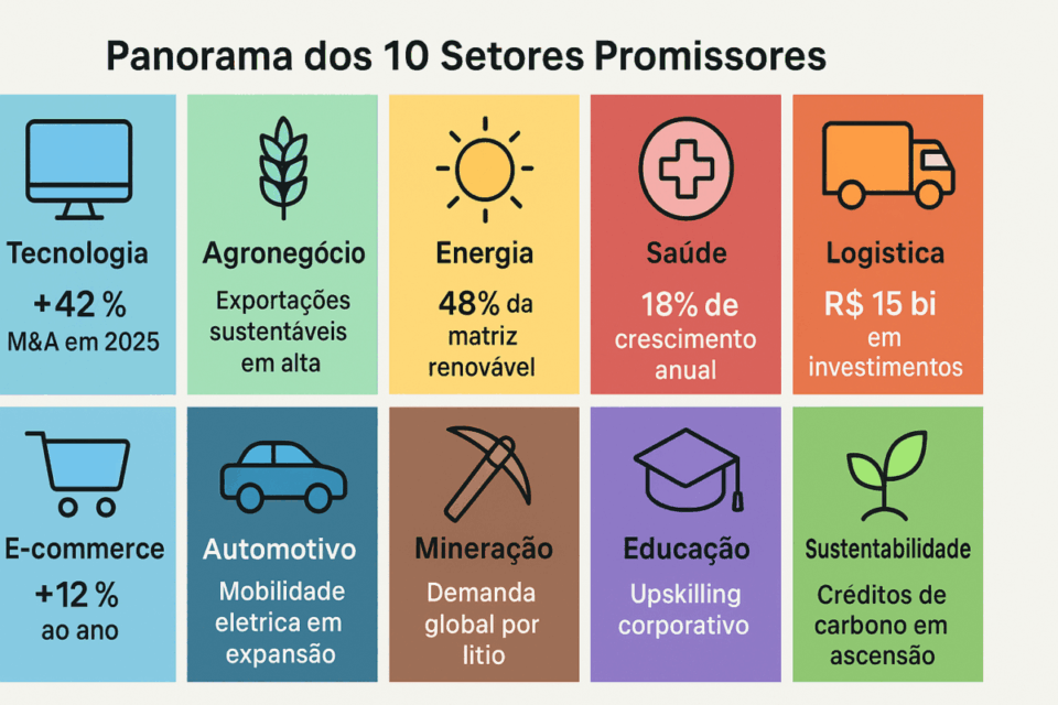 Infográfico colorido mostrando 10 setores promissores para comprar empresas no Brasil em 2025, com ícones e dados resumidos de crescimento e tendências em duas linhas horizontais.