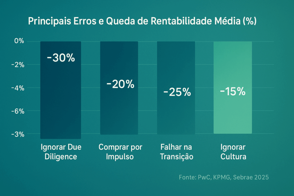 Gráfico mostrando a redução média no retorno do investimento em função dos principais erros na compra de empresas.