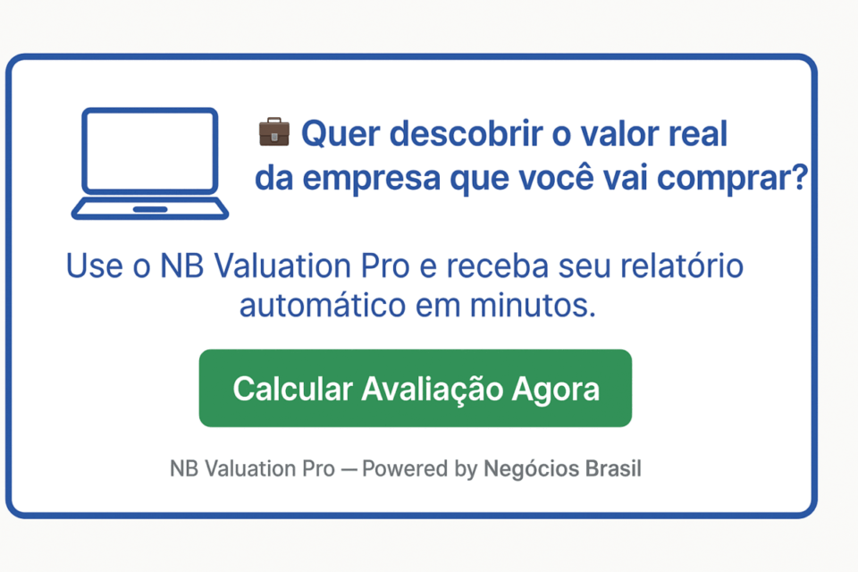 Cartão visual incentivando o uso do NB Valuation Pro para empresas avaliarem antes da compra.