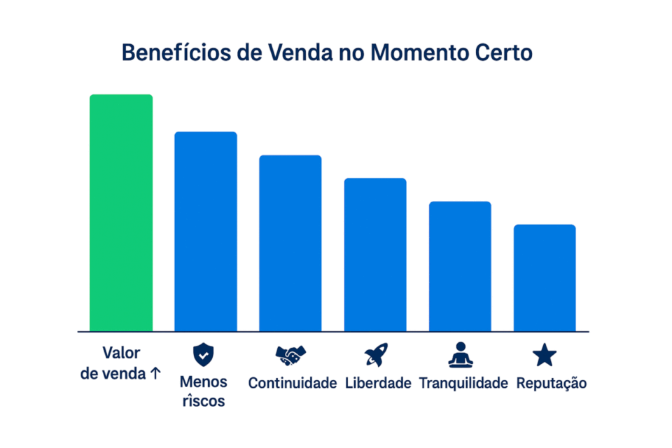 Gráfico de barras mostrando os principais benefícios de vender uma empresa no momento certo, com colunas representando valor de venda, redução de riscos, continuidade, liberdade, tranquilidade e confiança.