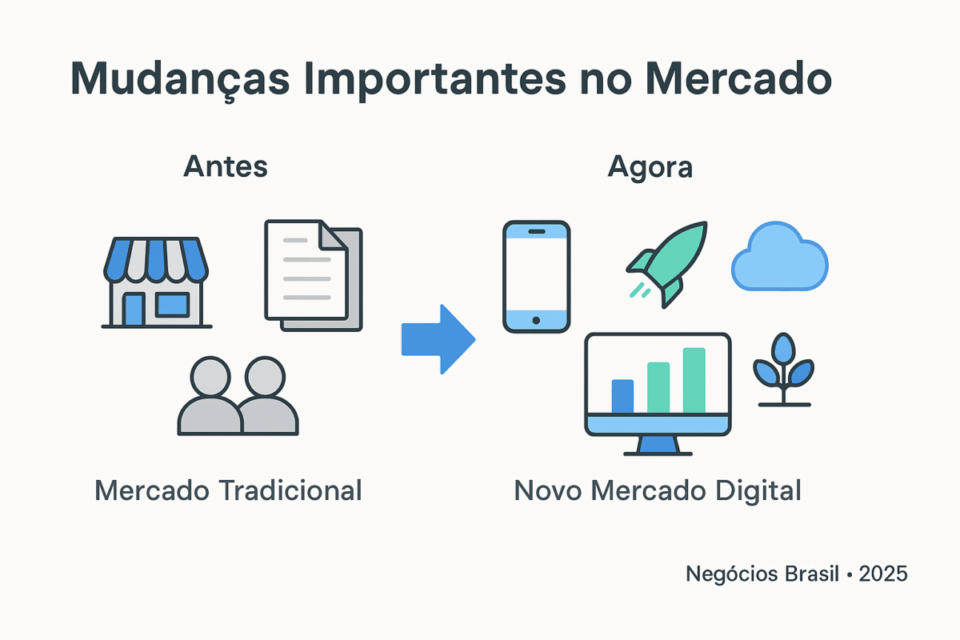 Ilustração comparando o mercado tradicional e o mercado digital, mostrando a evolução de lojas físicas, papelada e atendimento presencial para negócios digitais, e-commerce, dados, inovação e tecnologia moderna.