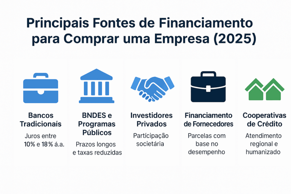“Infográfico ilustrando as principais fontes de financiamento para comprar uma empresa no Brasil em 2025 — bancos tradicionais, BNDES, investidores privados, financiamento de fornecedores e cooperativas de crédito.”