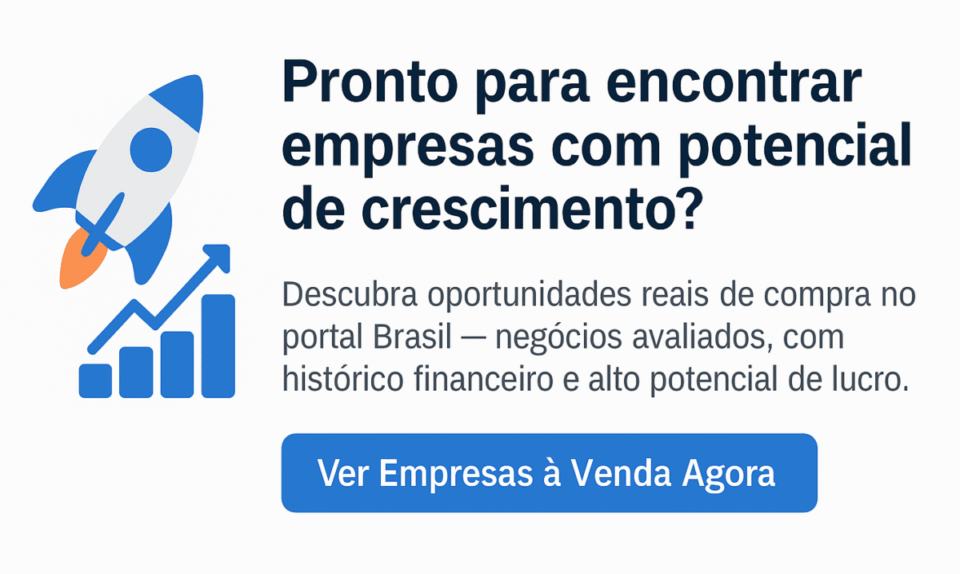 “Cartão visual horizontal com ícone de foguete e gráfico, convidando o leitor a encontrar empresas à venda no portal Negócios Brasil.”