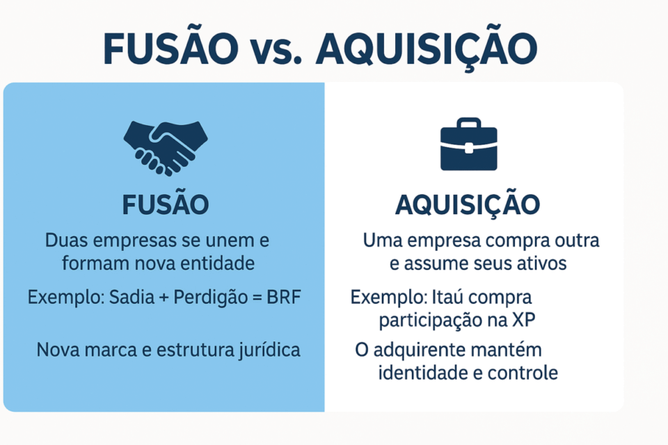 “M&A no Brasil Quadro comparativo entre fusão e aquisição com exemplos práticos do mercado brasileiro.”