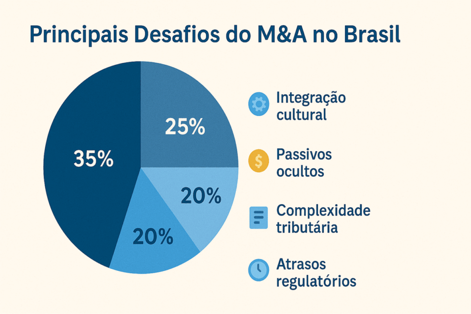 “Gráfico mostrando os principais riscos e desafios do M&A no Brasil em 2025, com destaque para integração cultural e passivos ocultos.”