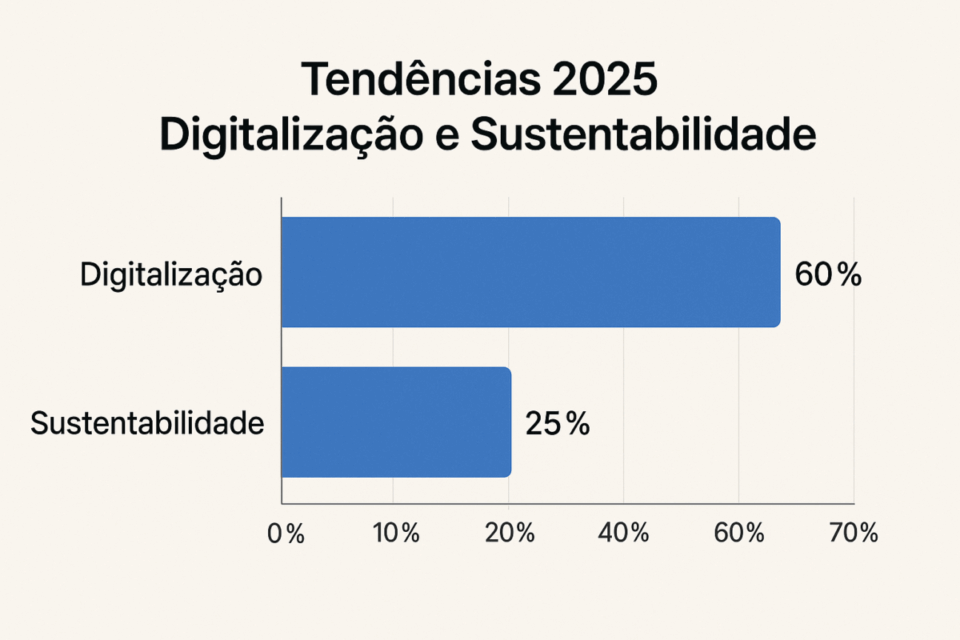 Gráfico de barras comparativo mostrando as tendências de 2025 na valorização de familiares empresas brasileiras, destacando a digitalização (60%) e a sustentabilidade (25%) como principais fatores de impacto no valor dos negócios.