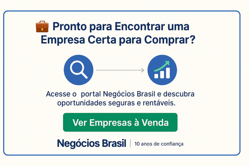 “Cartão visual convidando empreendedores a buscar oportunidades de compra de empresas no portal Negócios Brasil, com ícone de lupa, gráficos de crescimento e botão verde 'Ver Empresas à Venda'.”