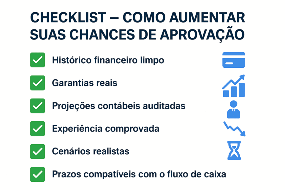 “Checklist visual com dicas para aumentar as chances de aprovação de crédito na compra de uma empresa.”