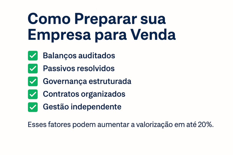 “Checklist visual com boas práticas para preparar uma empresa para venda e aumentar a avaliação.”