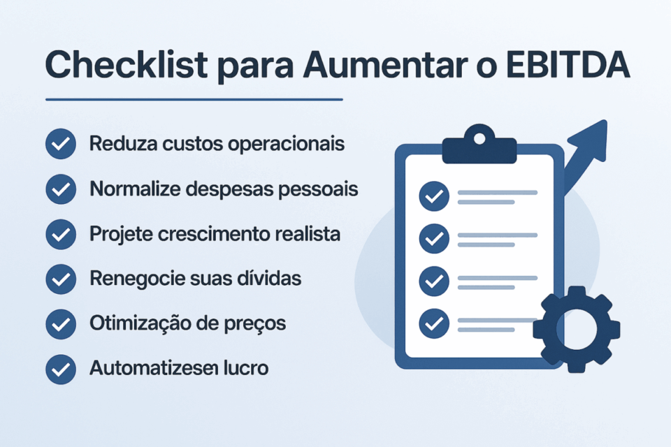 Imagem ilustrando um checklist com estratégias para aumentar o EBITDA de uma empresa: reduzir custos operacionais, normalizar despesas pessoais, projetar crescimento realista, renegociar dívidas, otimizar preços e automatizar processos. Criado para o artigo “EBITDA: o que é e como calcular” do blog Negócios Brasil.