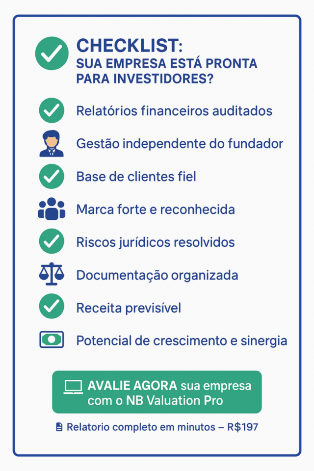 Checklist visual com oito critérios que indicam se uma empresa está pronta para atrair investidores, com ícones de seleção e botão “Avalie Agora”.