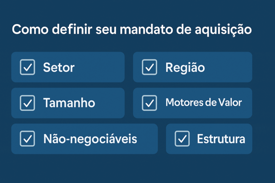 nfográfico com checklist dos critérios para definir o mandato de aquisição de uma empresa: setor, região, tamanho, motores de valor, não-negociáveis e estrutura.