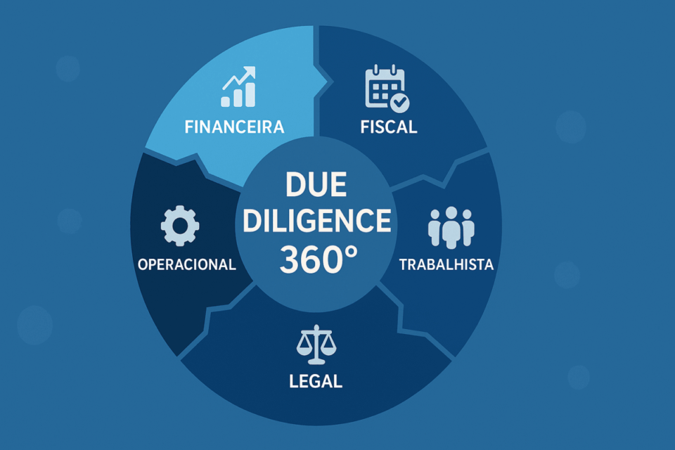 Infográfico circular ilustrando as cinco áreas da Due Diligence 360° — Financeira, Fiscal, Trabalhista, Legal e Operacional — para avaliação completa de uma empresa antes da aquisição.