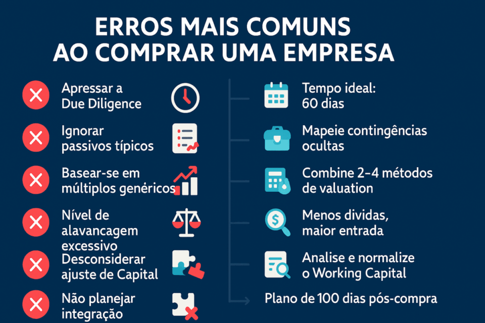 Infográfico mostrando os principais erros ao comprar uma empresa e como evitá-los, com colunas comparando erros comuns e boas práticas.