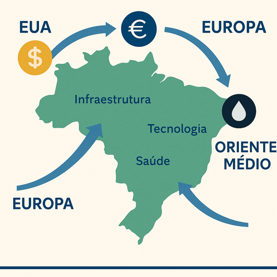 “Mapa do Brasil mostrando o fluxo de capital estrangeiro proveniente dos Estados Unidos, Europa e Oriente Médio para setores de M&A em 2025.”