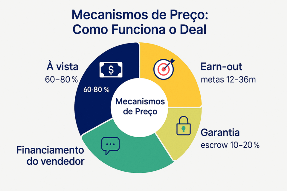 Diagrama circular ilustrando os principais mecanismos de preço e proteção em uma venda de empresa: pagamento à vista, earn-out atrelado a metas de 12 a 36 meses, garantia (escrow) de 10 a 20% e financiamento do vendedor.