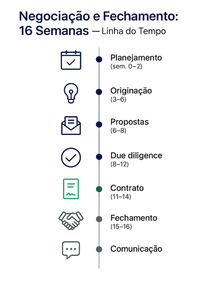 Fluxograma vertical mostrando o processo de negociação e fechamento de uma venda de empresa em 16 semanas, com as etapas: planejamento, originação, propostas, due diligence, contrato, fechamento, comunicação e transição.