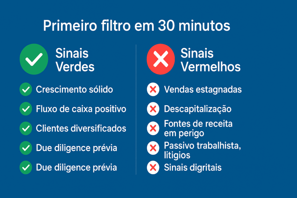 Checklist visual mostrando sinais verdes e vermelhos para avaliar rapidamente uma empresa: crescimento sólido e fluxo positivo versus riscos como descapitalização e passivos trabalhistas.