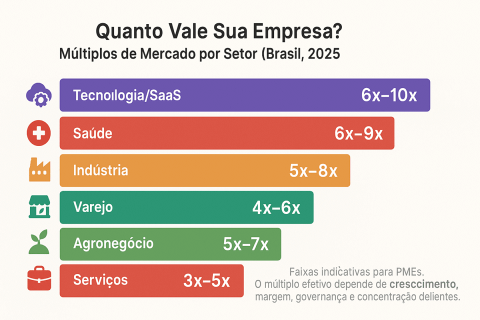 Gráfico de barras horizontais mostrando os múltiplos médios de avaliação por setor no Brasil em 2025: Tecnologia/SaaS (6–10x), Saúde (6–9x), Indústria (5–8x), Varejo (4–6x), Agronegócio (5–7x) e Serviços (3–5x).