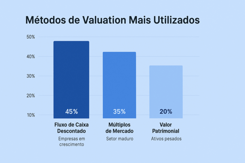 “Gráfico de colunas mostrando os métodos de avaliação mais utilizados no Brasil: Fluxo de Caixa Descontado (45%), Múltiplos de Mercado (35%) e Valor Patrimonial (20%). Cada barra possui legenda explicando quando usar cada método.”