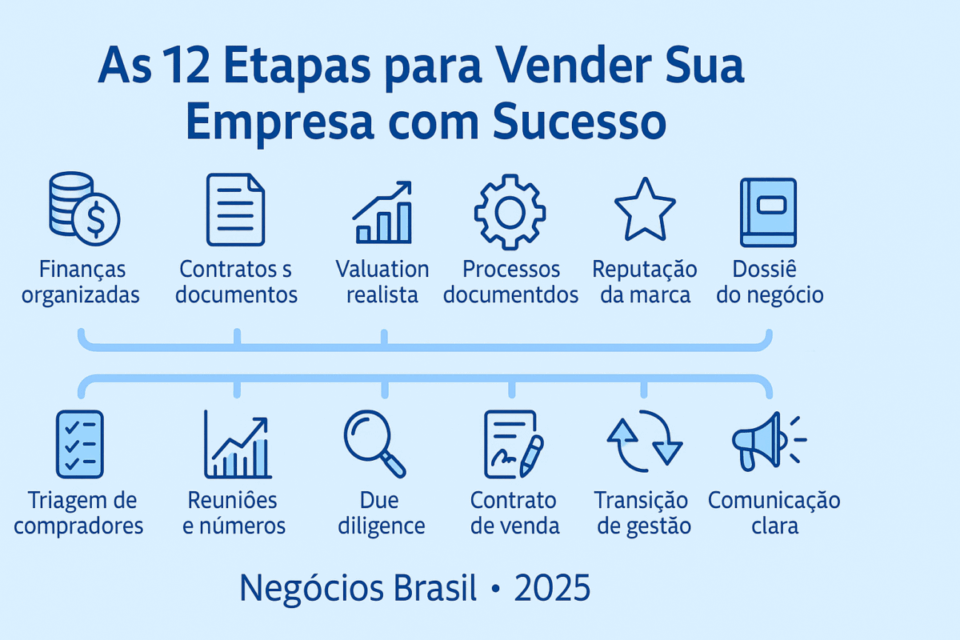 “Infográfico horizontal com fundo azul claro mostrando as 12 etapas essenciais para vender uma empresa com sucesso, divididas em duas linhas de seis etapas, com ícones representando cada fase do processo.”
