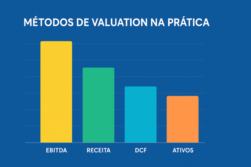 Gráfico de barras comparando quatro métodos de valuation: múltiplos de EBITDA, múltiplos de receita, fluxo de caixa descontado (DCF) e avaliação por ativos.
