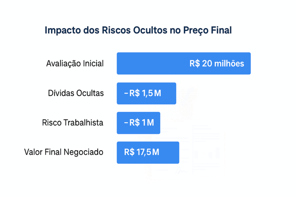 Gráfico ilustrando como riscos ocultos identificados na due diligence reduzida o preço final de compra de uma empresa.