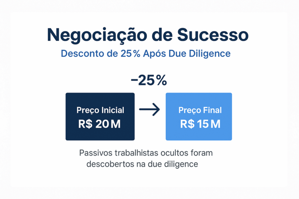 Estudo de caso visual demonstrando empresa que conseguiu 25% de desconto após due diligence revelar passivos ocultos.