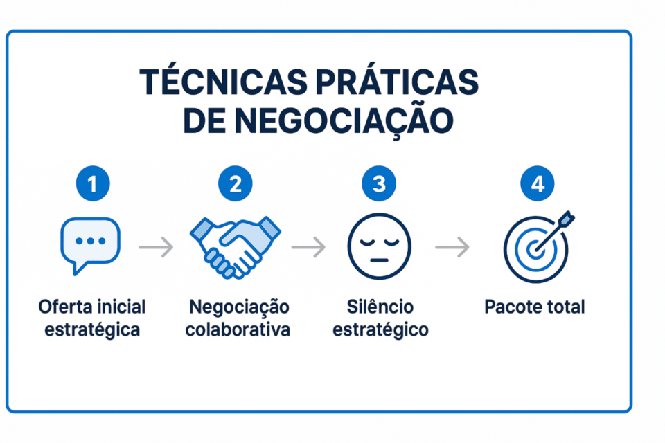 Infográfico mostrando quatro técnicas práticas de negociação — oferta inicial, negociação colaborativa, silêncio estratégico e pacote total.