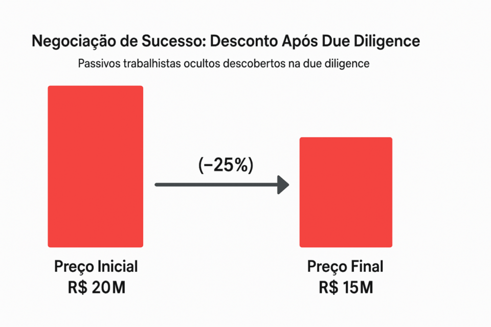 Cartão visual horizontal mostrando quatro argumentos que ajudam a reduzir o preço na compra de uma empresa: riscos financeiros, custos ocultos, dependência de key-man e desaceleração setorial.