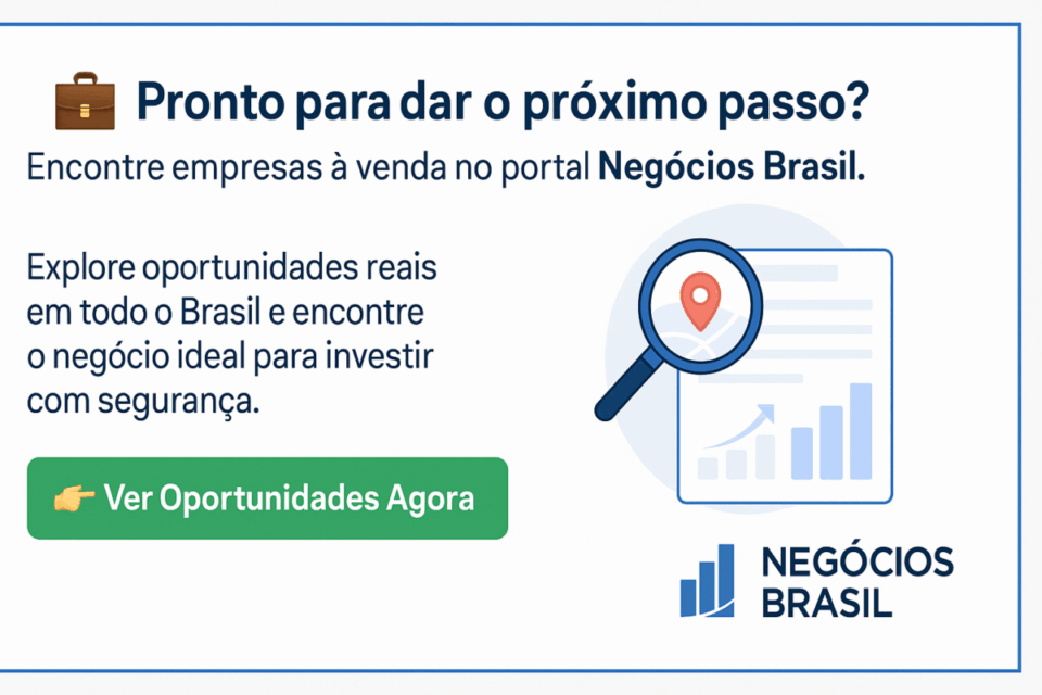 Card visual convidando investidores a explorar empresas à venda no portal Negócios Brasil.