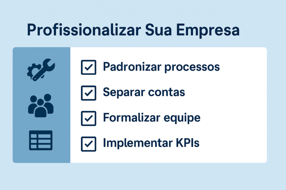 Checklist visual destacando ações para profissionalizar uma empresa antes da venda, como padronizar processos, separar contas, formalizar equipe e implementar KPIs.