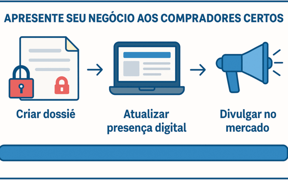 “Infográfico horizontal ilustrando as três etapas para apresentar e divulgar uma empresa a compradores: criação de dossiê, atualização digital e divulgação no mercado.”