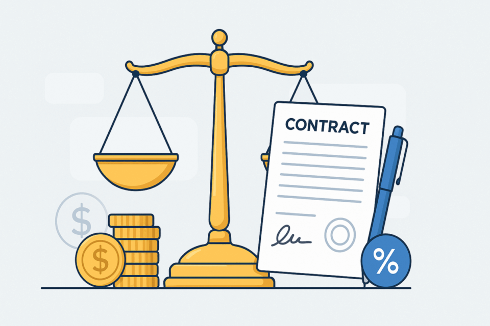 “Ilustração representando aspectos legais e fiscais na venda de empresas, com balança da justiça, contrato contratado, moedas e símbolo de percentual.”