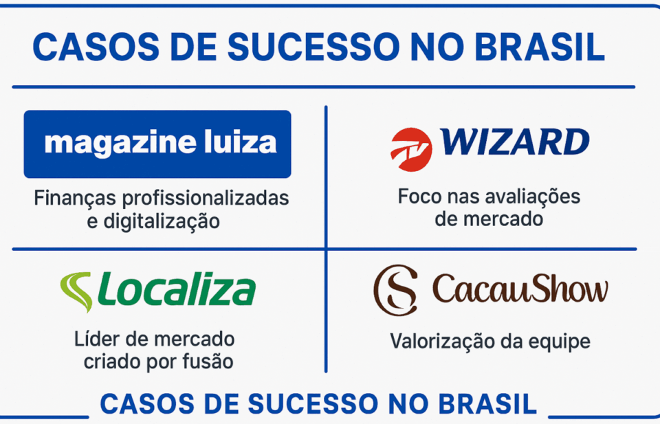 “Painel ilustrando casos de sucesso de empresas brasileiras que se prepararam para venda e alcançaram valorização no mercado.”