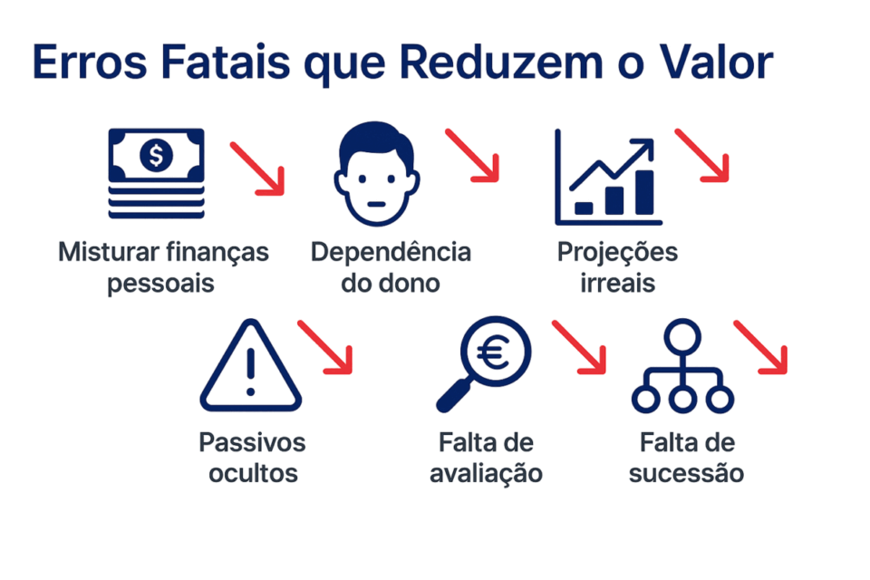 Infográfico horizontal mostrando os principais erros que desvalorizam as empresas no momento da venda: ajustes de finanças pessoais, dependência do dono, projeções irreais, passivos ocultos, falta de avaliação e falta de sucessão.