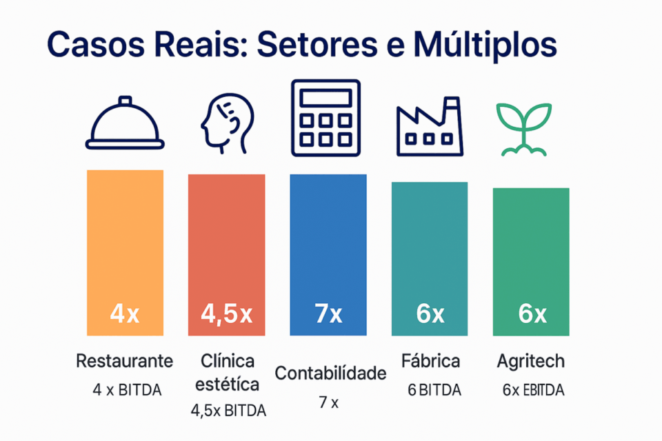 Gráfico de barras ilustrando múltiplos médios de venda obtidos em diferentes setores de PMEs brasileiras entre 2024 e 2025: restaurante (4x), clínica estética (4,5x), contabilidade (7x), fábrica (6x) e agritech (6x).