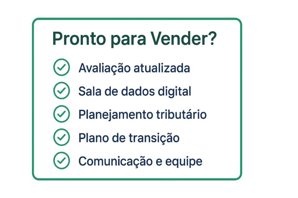 Checklist visual com cinco etapas essenciais para preparar uma empresa para venda no Brasil: avaliação atualizada, sala de dados digital, planejamento tributário, plano de transição e comunicação com a equipe.